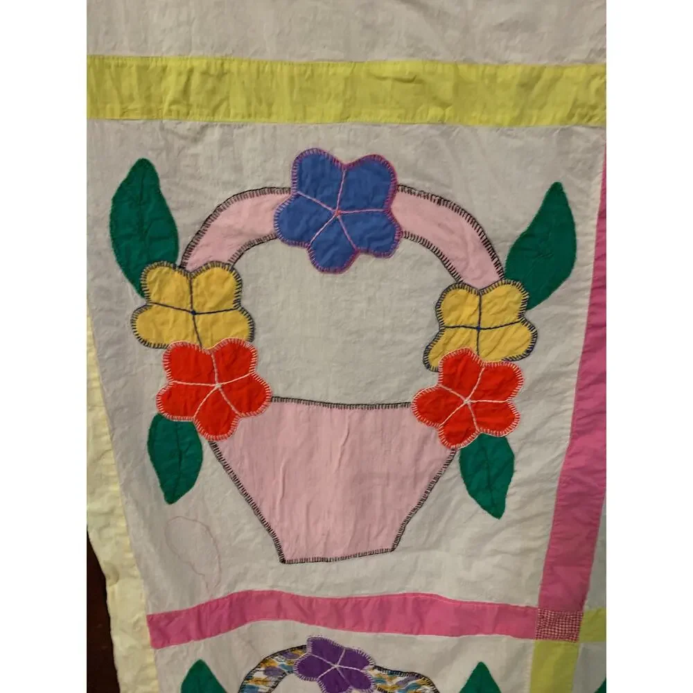 Vtg. 30's-60's Quilt Top Handsewn Applique Flower Basket Pattern 83